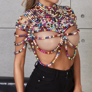 High Quality Hollow Out Multi Layer rainbow Color Pearl Beaded Sexy Body Chain Wear Jewelry for Girl Women Jewellery