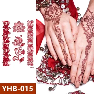 High Quality Red Henna Mehndi Temporary Tattoo Stickers Stock Waterproof Hand Stencils for Festivals Reusable