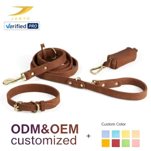 High Quality Retro Matte Suede Leather Pet Collar Leash Combo With Waste Bag Dispenser Heavy Duty Gold Fittings Walking Set