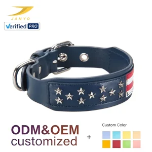 High Quality Soft Leather Dog Collar Star Stripes Pattern Silver Metal Star Rivets Adjustable Silver Hardware D Ring Pet Collar