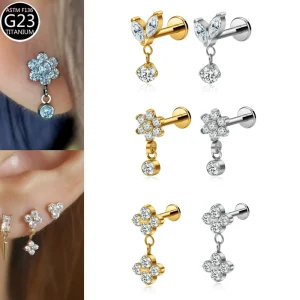 High Quality Titanium Zircon Flat Back Trendy Wedding Earring Flower Dangle Body Piercing Jewelry