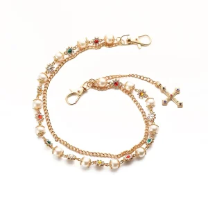 Hip Hop Glass Pearl Small Flower Cross Pants Chain
