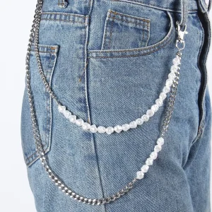Hip-hop Punk Metal Chains Pearls Splicing Pants Chain Women Men Double Layer Trousers Accessories