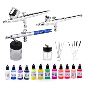 Hobby Craft Model Dual Action Copper Airbrush Set 12-Color Paints Gravity Feed Piston Cleaning Kit for Cake Airbrush Art