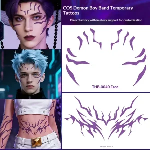 Holographic Anime Cartoon Demon Hunter Girl & Boy Group K POP Laser Body Stripe Tattoos Purple COS Lumi Tattoo Stickers