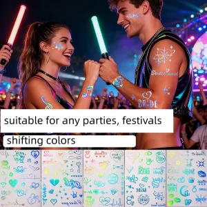 Holographic Temporary Tattoo Stickers Shifting Color Heart Glitter Face Body Tattoo for Valentine’s Day Music Parties