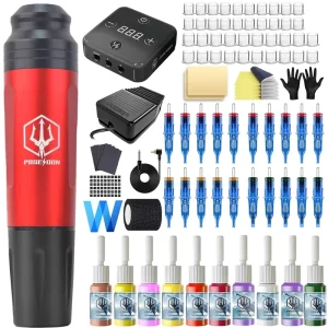 Hot Red High Power Electric Tattoo Pen Kit Stainless Steel Permanent Makeup Tattoo Machine Eyebrow Usage Power Supply