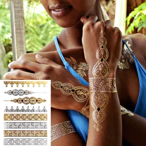 Hot Sell Waterproof Women Body Art Flash Metallic Silver & Gold Temporary Tattoo Sticker
