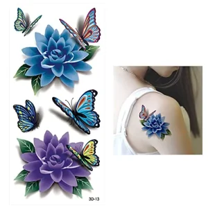 Hot Selling Smart Sticker Blue Flowers 3D Butterfly Sexy Body Art Waterproof Custom Temporary Tattoo Sticker Sheet 90x190mm