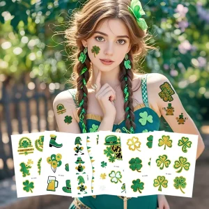 Hot Selling St. Patrick’s Day Clover Tattoo Sticker Waterproof Irish Holiday Glitter Temporary Body Art for Body Decoration