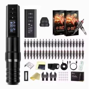 Hunter Electric Tattoo Gun Kit Wireless Tattoo Machine Pen Full Complete Set with 40pcs Tattoo Cartridge and Accessory