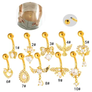 Hypoallergenic Stainless Steel Belly Button Rings Waterproof CZ Bird Heart Dangle Navel Ring Body Piercing Jewelry