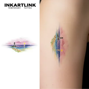 INKARTLINK Custom Painted Style Temporary Tattoo Stickers Island Sunset Lighthouse Vibrant and Realistic Effects