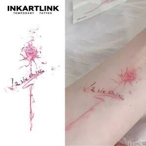 INKARTLINK Watercolor Rose Quote Temporary Tattoo La Vie En Rose French Lettering Tiny Pink Flower Body Art Sticker