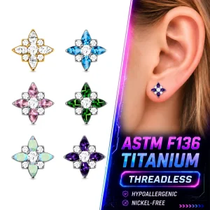 In Stock F136 Titanium Ear Stud with Eight Pointed Star Design Set with Zirconia Internal Thread Flat Back Piercing Jewelry