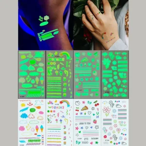 In Stock Glow in Dark Waterproof Tattoo Sticker Finger Hand Body Cartoon Temporary Fake Tattoo Custom for Party