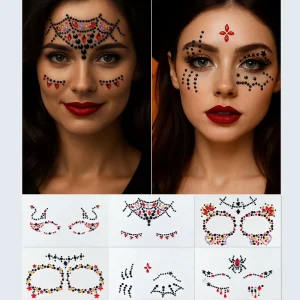 In Stock Halloween Self adhesive Face Gems Sticker Spider Skull Spooky Eye Makeup Waterproof Party Bindi Rhinestone Sticker