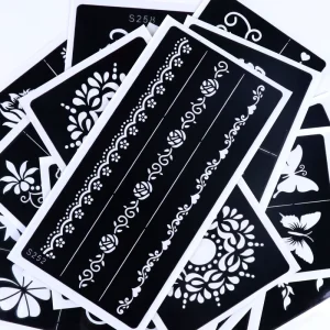 In Stock Self-Adhesive PVC Henna Tattoo Stencils Black Reusable Temporary Body Art DIY Stencil with Individual Packaging