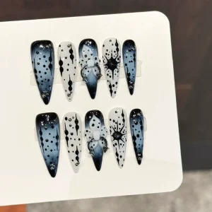 Ink dyed Star Abyss Ink blue Freehand 3D Flower Rivets Dark Style Long Water Droplet Pure Handmade Nails