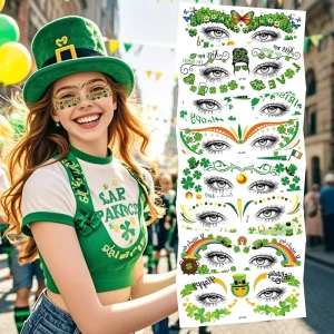 Irish Glitter Tattoo Stickers Body St. Patrick’s Day Party Makeup Waterproof Printed Clover Face Stickers Temporary Application