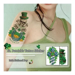 Irish National Day Waterproof Temporary Arm St. Patrick Tattoo Sticker Green Four Leaf Clover Skull Design Made of Paper