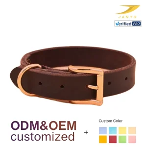 JANYO Custom Vintage Cowhide Dog Collar Soft Leather Lining Rose Gold Alloy Buckle D Ring Daily Walking Training Pet Collar