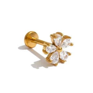JINYOU 0136 High Quality PVD Gold Plated Piercing Jewelry Teardrop Cubic Zirconia Flower Pierced Earrings
