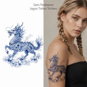 Jagua Temporary Tattoo Stickers Kirin Myth Blue & White Porcelain Ink Style Waterproof Semi Permanent Body Art OEM Tattoo