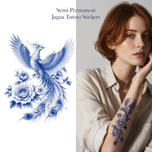 Jagua Temporary Tattoo Stickers Phoenix Spirit Blue & White Porcelain Ink Style Waterproof Semi Permanent Body Art OEM Tattoo