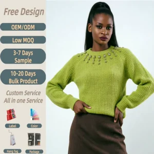 Jeweled Neckline Women’s Knitted Sweater Lime Green Beaded Rhinestone Pullover Soft Ribbed Knitwear Raglan Sleeve