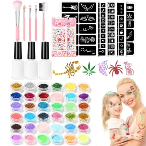 Kids & Adult Face & Body Painting DIY Glitter Stencil Halloween Christmas Body Art Sticker Set Temporary Tattoo Kit