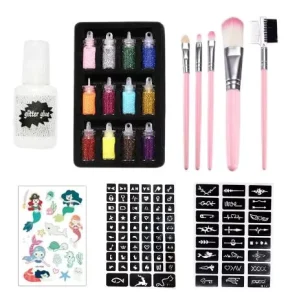 Kids Adult Party Glitters Makeup Brushes Set 12 Color Face Body Temporary Stickers Glitter Tattoo Kit