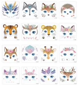 Kids Animal Face Temporary Tattoos Waterproof Glitter Face Stickers for Birthday Halloween Party Makeup