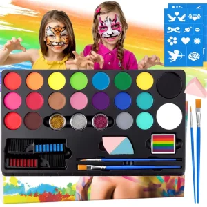 Kids Face & Body Painting Kit with Professional Tattoo Stencils Non-Toxic Mineral Makeup for Halloween Parties