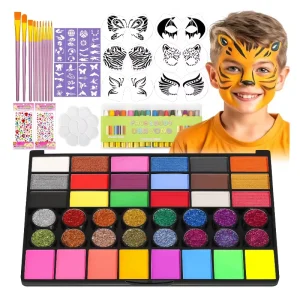 Kids Face Paint Kit 42 Non-Toxic Colors Face Paint 16 Crayons 6 Reusable 40 Sticky Stencils for Halloween Body Face Paint