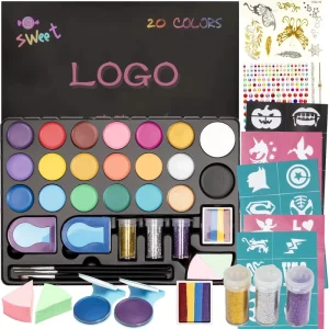 Kids Face Painting Kit 20 Colors Water Based Makeup Palette Stencils Split Cake Design Hair Dye Clips Safe for Parties