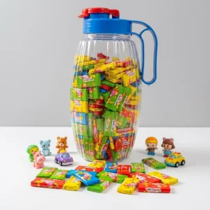 Kids Party Multi-Colored Sugar Bubble Gum Fruity Flavors & Tattoo Stickers in Water Pitcher Jar Bulk