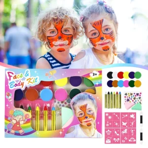 Kids Pretend Play Preschool Makeup Kit Washable Glitter Non Toxic Professional Body Paint Crayon Kit for Halloween Party Gift