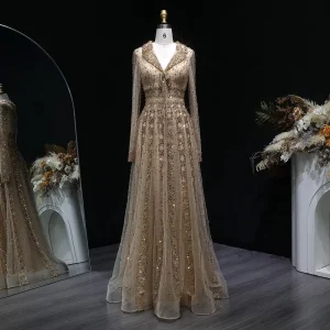 LSZ419 V-neck Full Sleeve Sequined Evening Formal Party Gowns