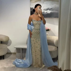 LSZ506 Sexy Heavy Beaded Crystal Evening Party Prom Dress with Cape