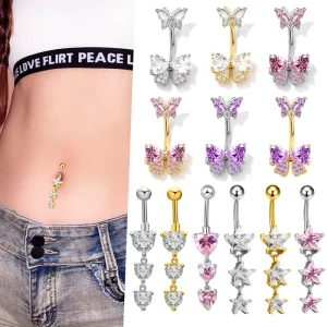 Lady Cute Stainless Steel Butterfly Dangle Navel Piercing Jewelry Floating Navel Piercing Rings For Women Body Jewelry