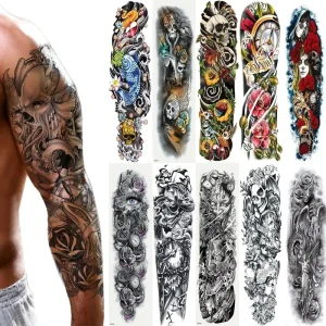 Large Size Waterproof Men’s Full Sleeve Temporary Body Tattoos Long Lasting Arm Tattoo Stickers Cartoon Rectangle Pattern Henna