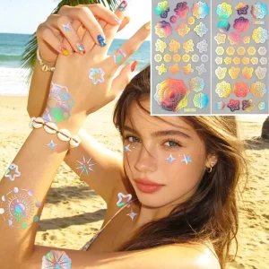 Laser Temporary Tattoo Stickers Iridescent Star Sun Waterproof Stickers for Music Festival Beach Party