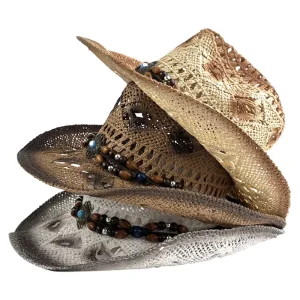 Light Up Retro Western Cowboy Straw Hat with Jewel Durable for Sports & Outdoor Use Unisex Travel Party Hat