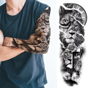 Lion Temporary Tattoo Sticker for Men and Women with Water Resistant Full Arm Black Forest Tribal Design