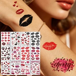 Lip Print Cherry Temporary Tattoo Stickers Waterproof Love Letter Body Art Decals for Valentine Wedding Party Women
