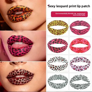 Lip Print Tattoo Stickers Customizable European American Leopard Pattern Flag Style Glittering Pink Water Tattoo