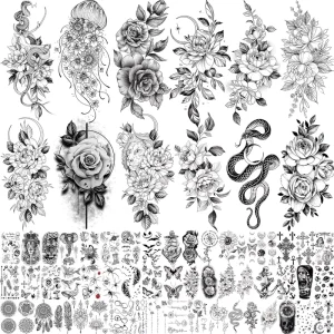 Long Lasting Flower Temporary Tattoos for Women Arm Neck Sunflower Moon Rose 3D Temp Realistic Snake Tatoo Stickers