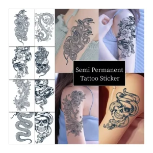 Long Lasting Half Arm Temporary Tattoo Sticker Snake Flower Cobra Realistic Dark Blue Plant Based Ink Water Transfer Paper Women