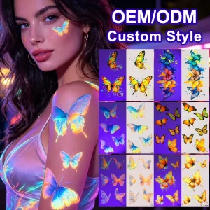 Luminous Butterfly Flower Stickers Glow Dark UV Reactive Fluorescent Art Face Waterproof Neon Paper Temporary Tattoos OEM